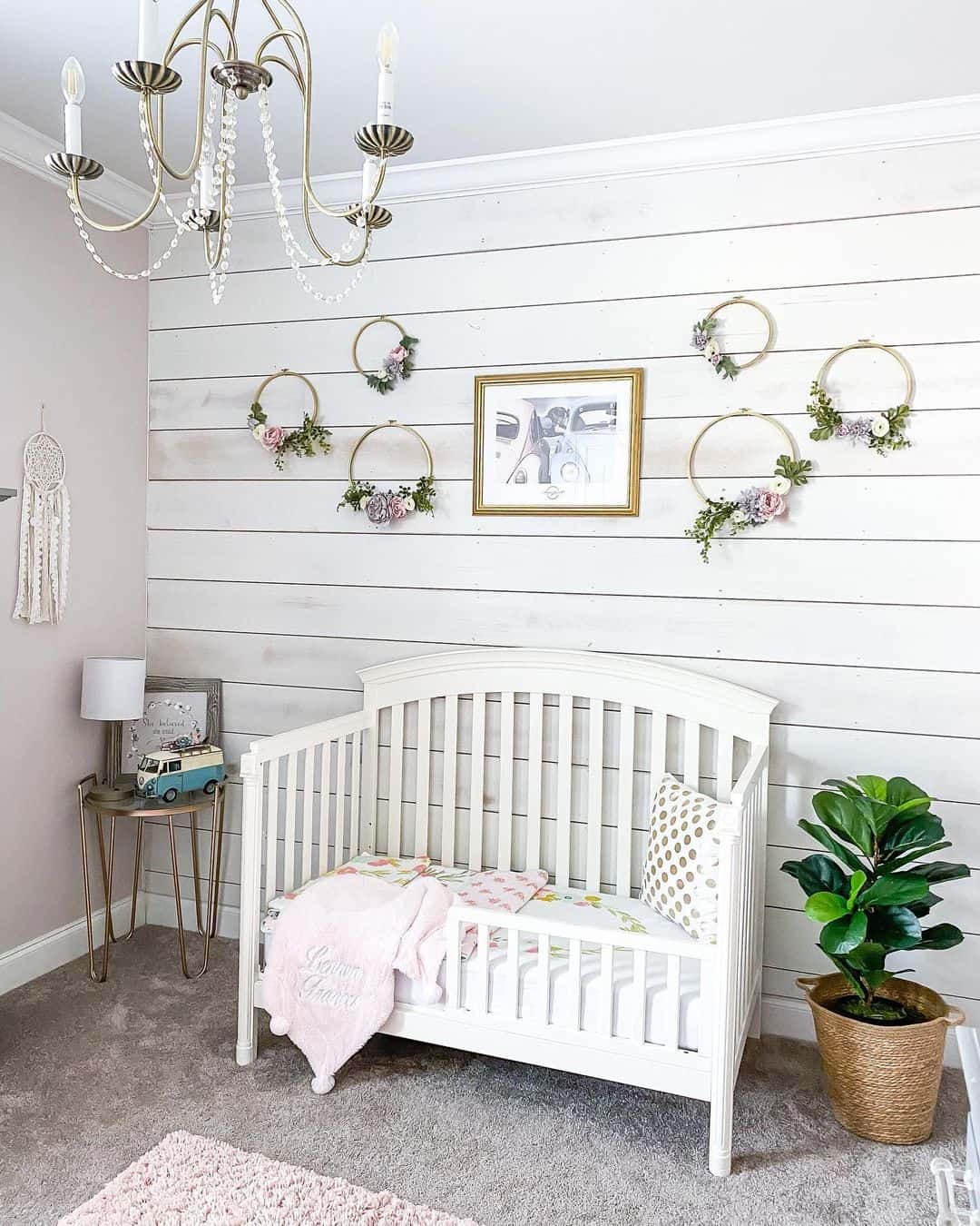 Scatter Floral Hoop Wreaths on Shiplap Walls