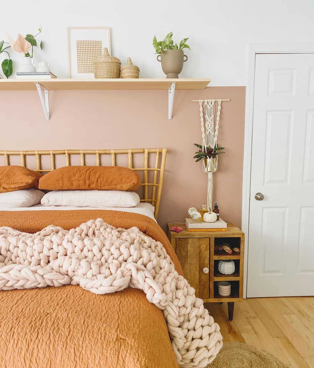 Rattan Headboard With Textured Bedding Creates a Cozy Nook