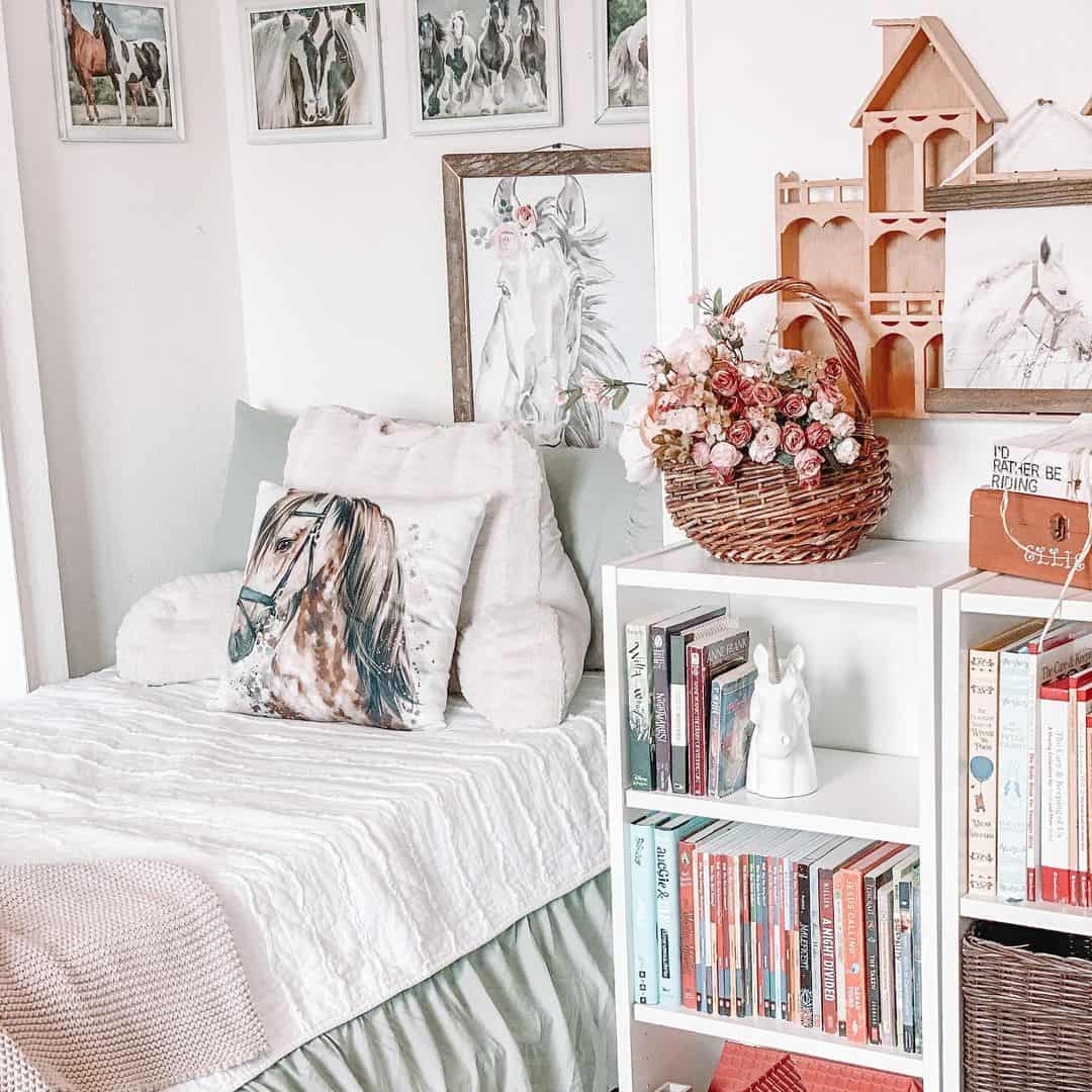 Horse Artwork and Pillow Create a Themed Reading Nook