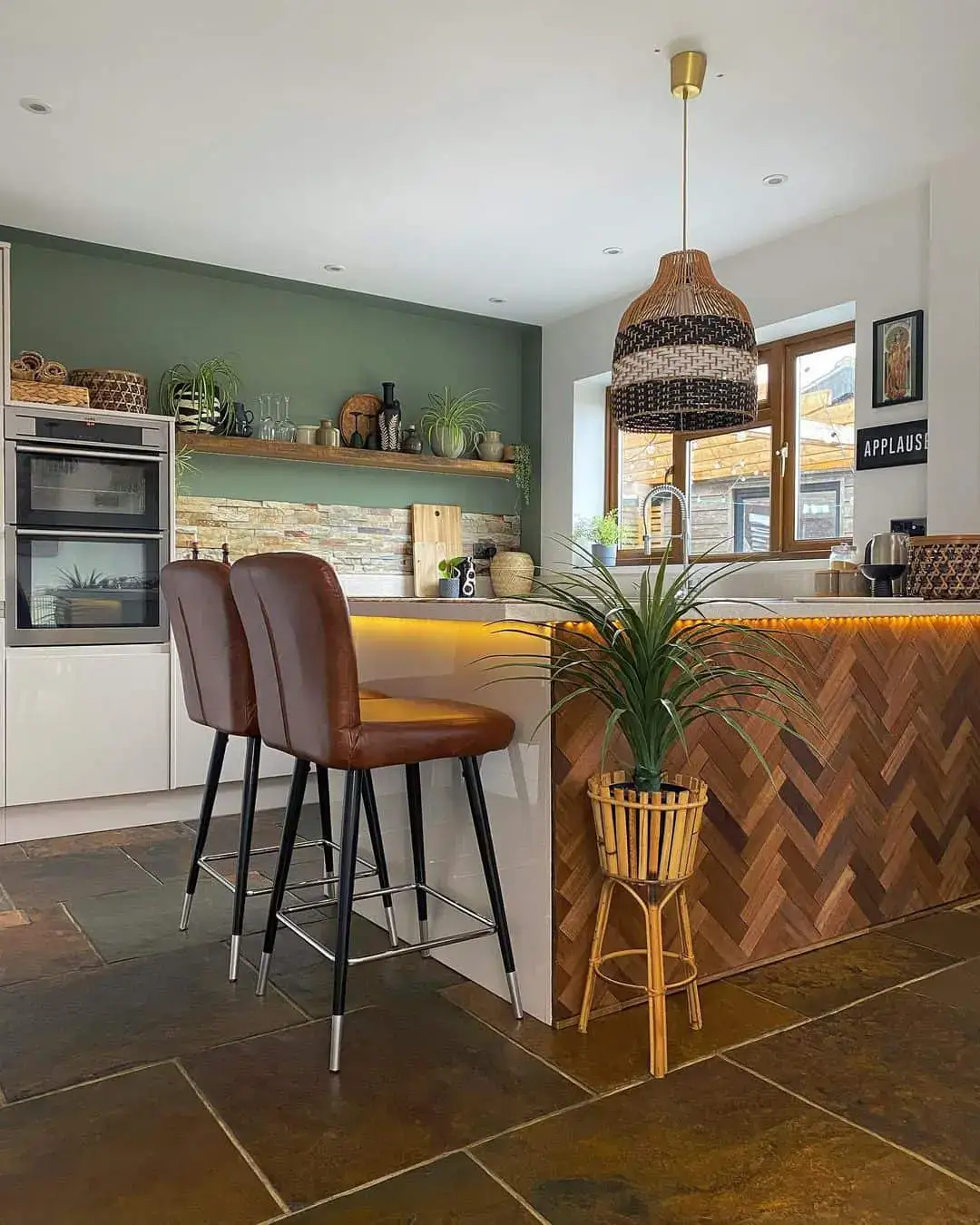 Herringbone Wood Panels Add Warmth to Kitchen Island