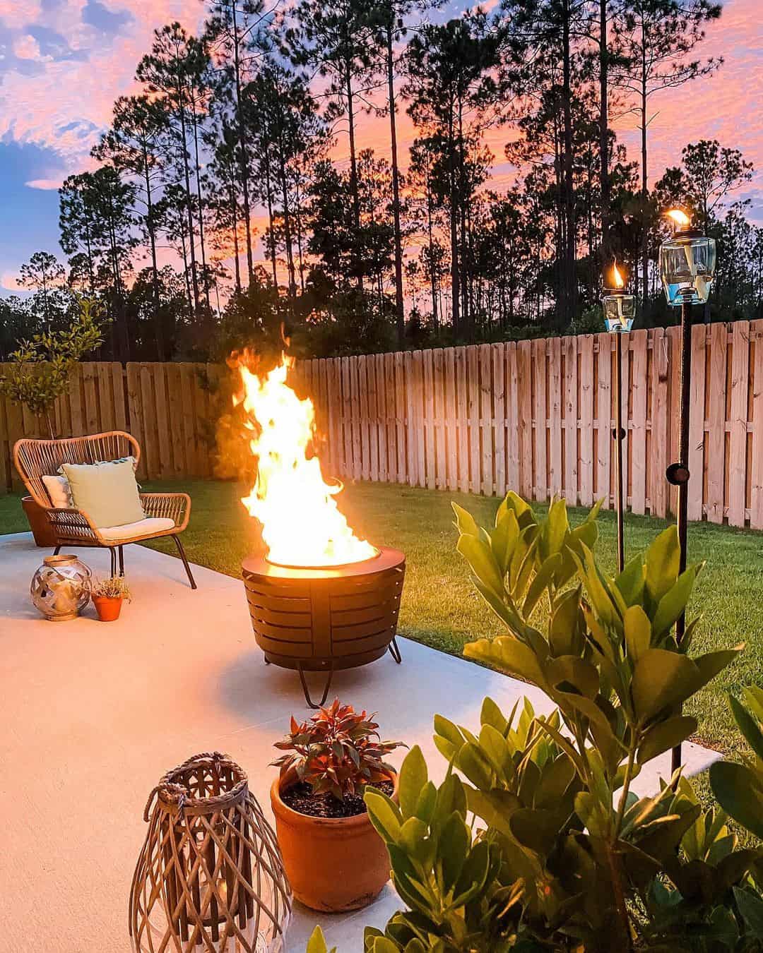 Woven Lanterns Add Ambient Light Beside the Fire Pit