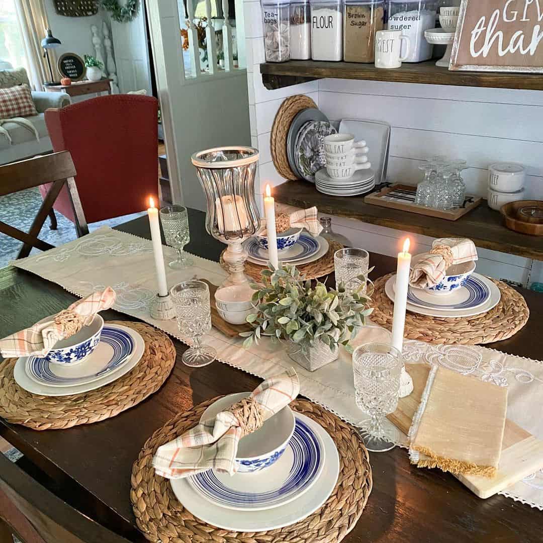 Woven Placemats Create a Natural Base for Blue and White Table Settings