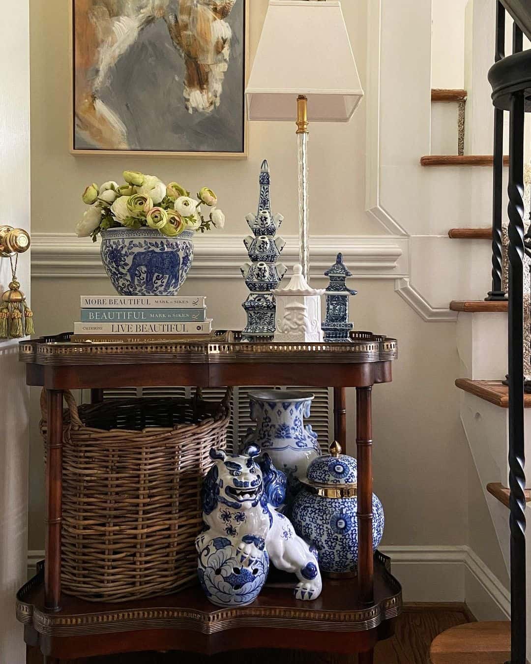 Stacked Blue and White Temple Jars Add Vertical Interest