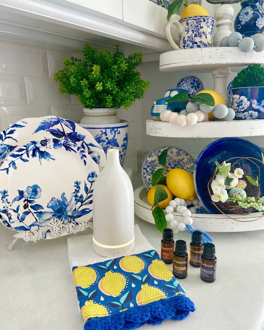 Blue and White Plates Accent a Kitchen Counter Vignette