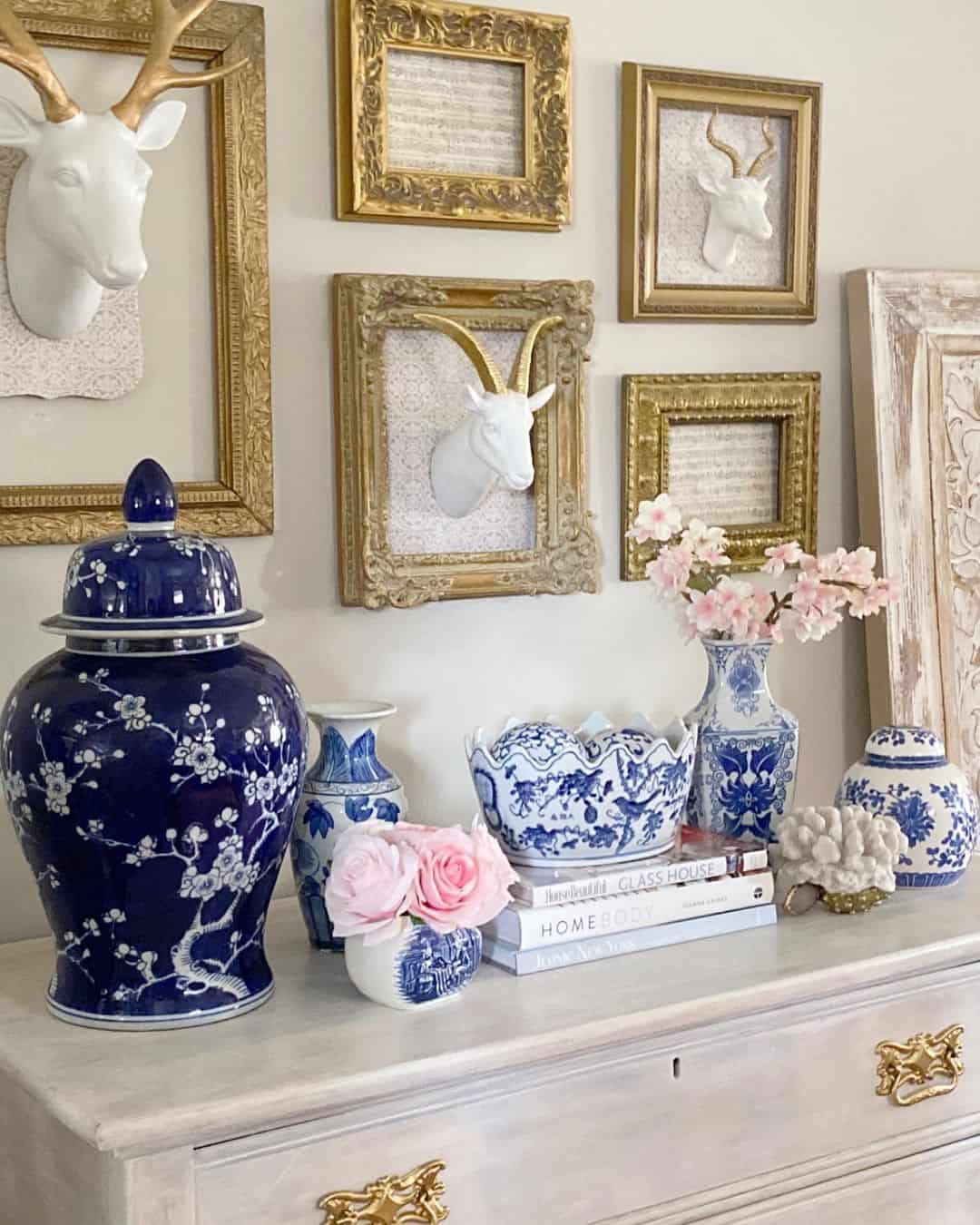 Blue and White Vases Frame Cherry Blossom Branches