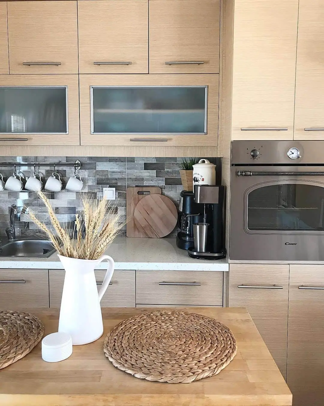Frosted Glass Cabinet Inserts Soften Wood Grain