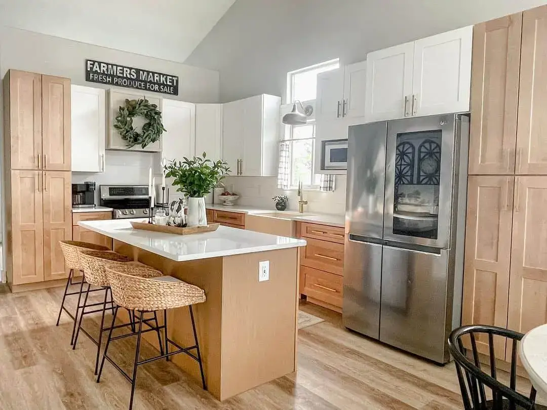 Natural Wood Lower Cabinets Pair With White Upper Units