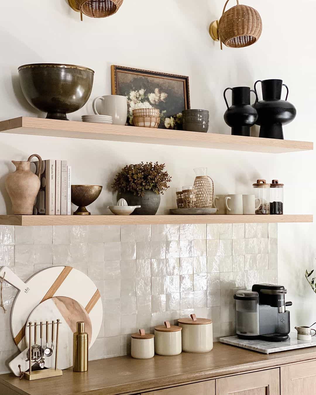 Anchor Shelves with Dark Vases and Vintage Art
