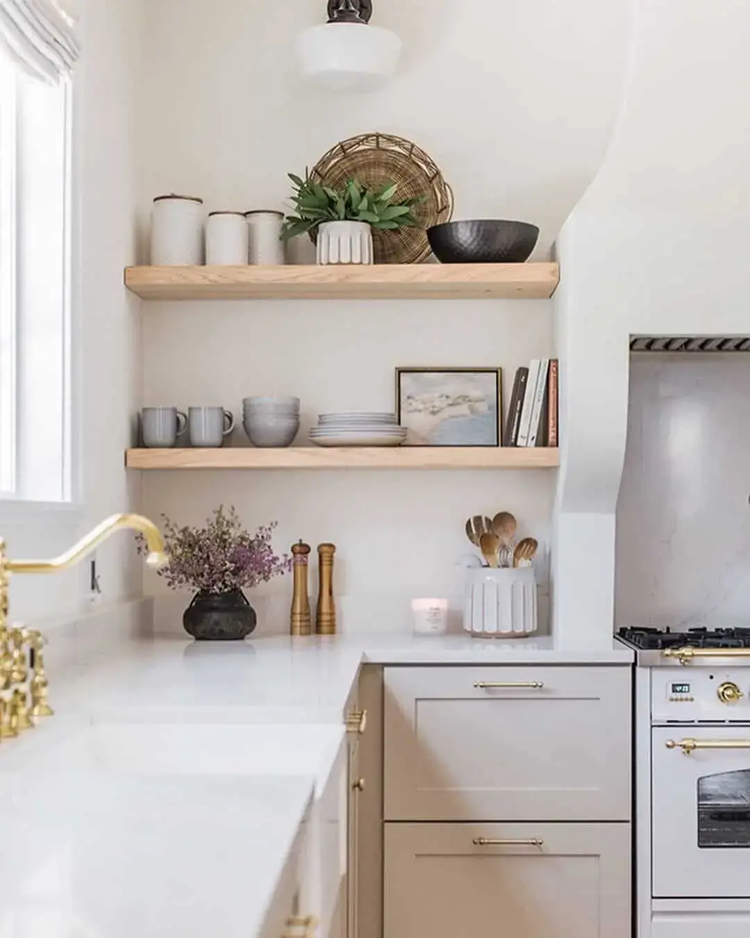 Mix Kitchenware and Decor on Light Oak Shelves