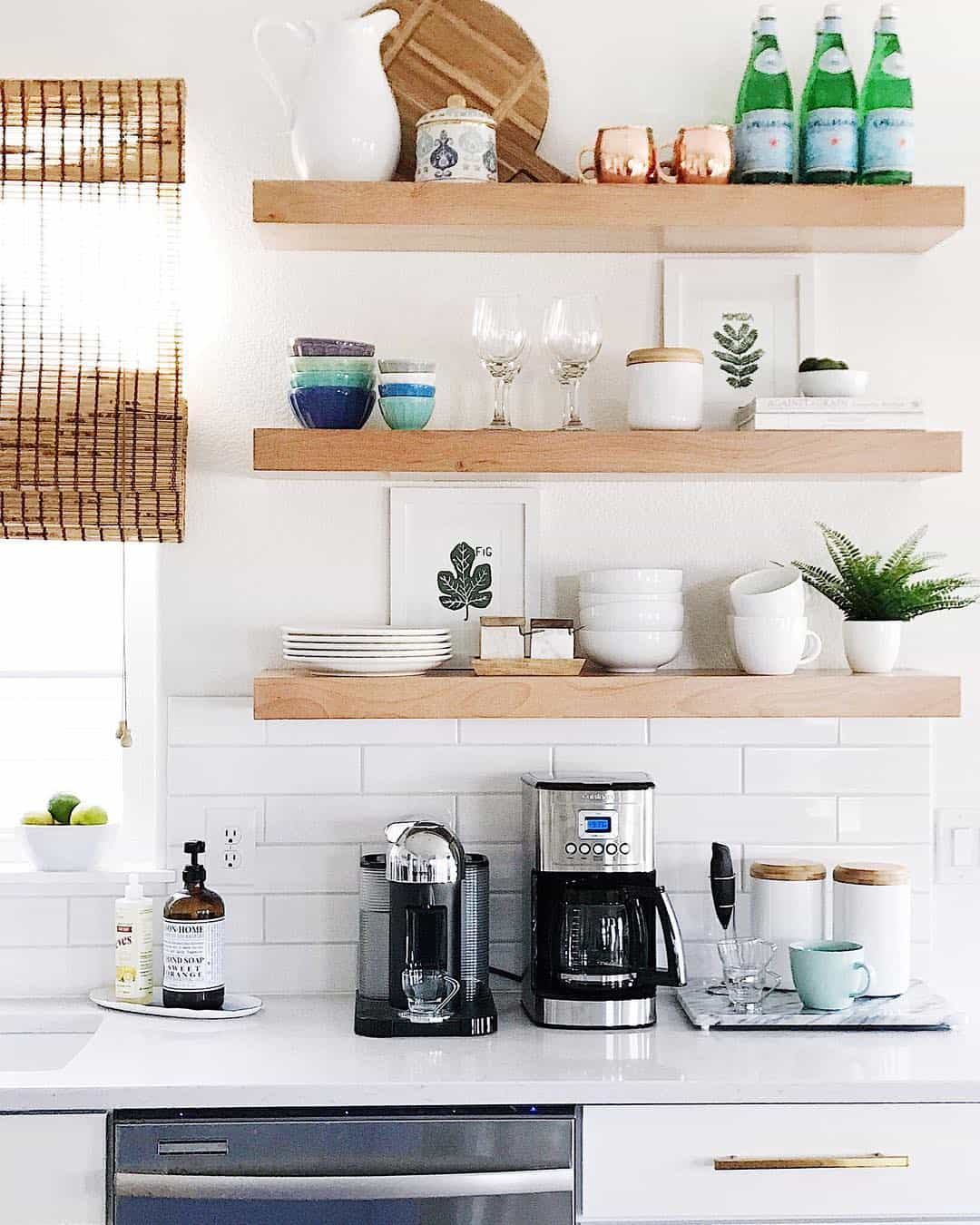 Showcase Botanical Prints and Stacked Dishes