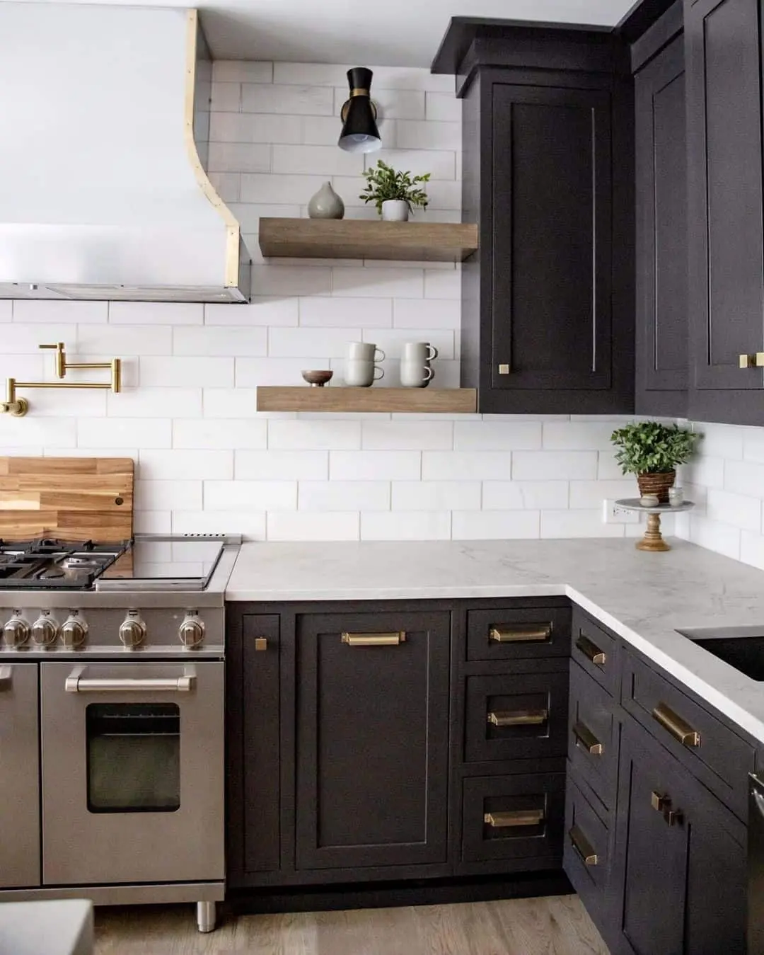 Contrast White Backsplash with Simple Oak Shelves