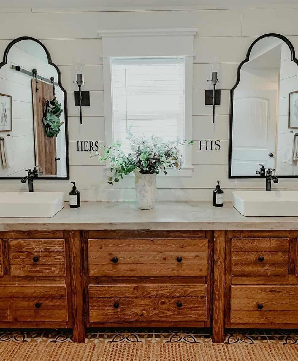 Rustic Wood Vanity with 'His' and 'Hers' Labels