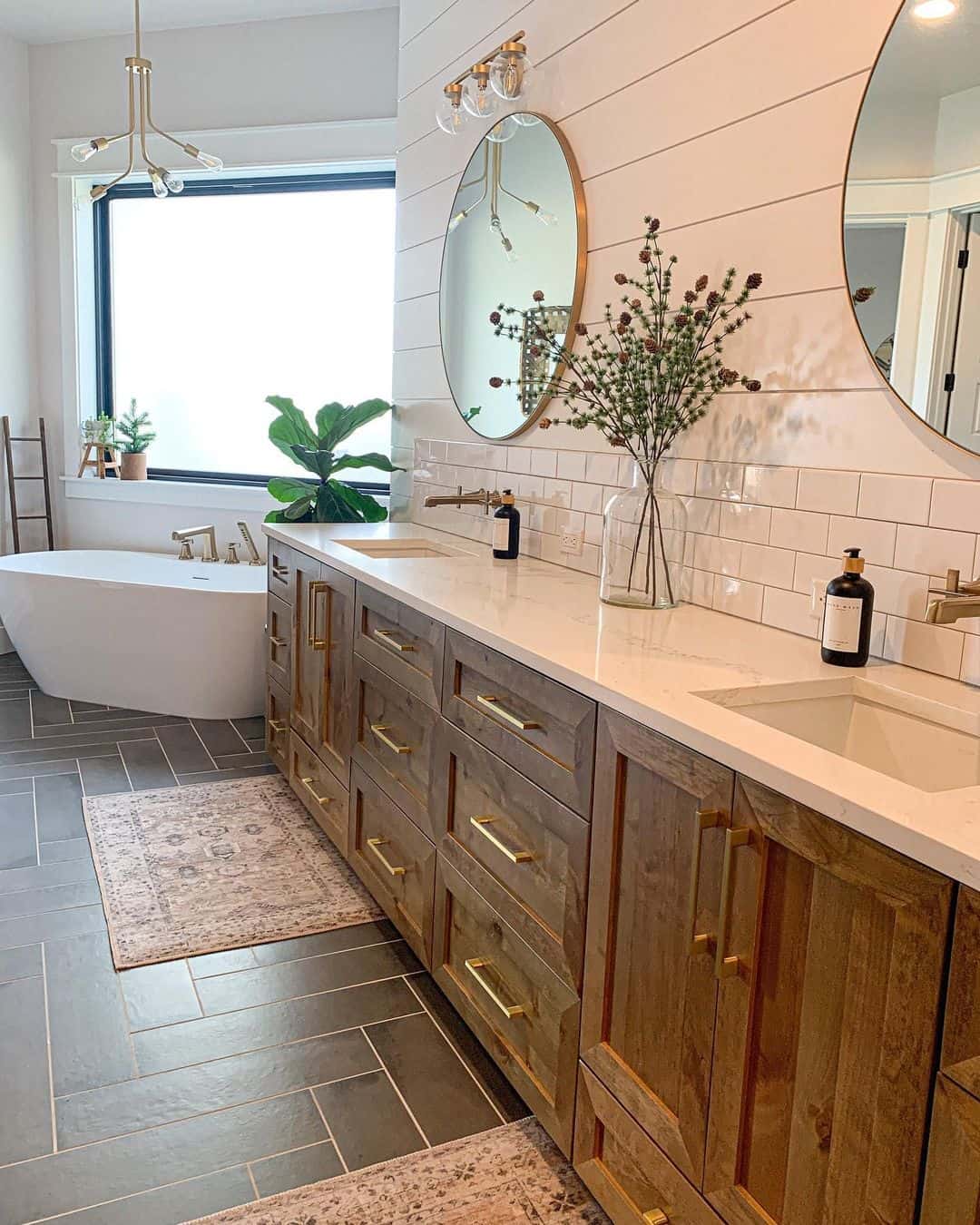 Warm Wood Vanity with Sleek Brass Drawer Pulls