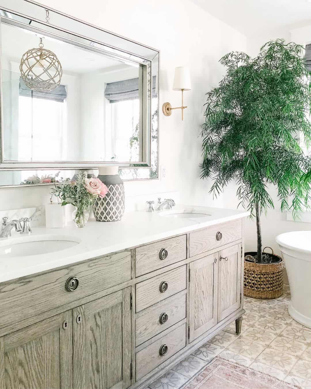 Light Wood Vanity Brightened by a Potted Tree