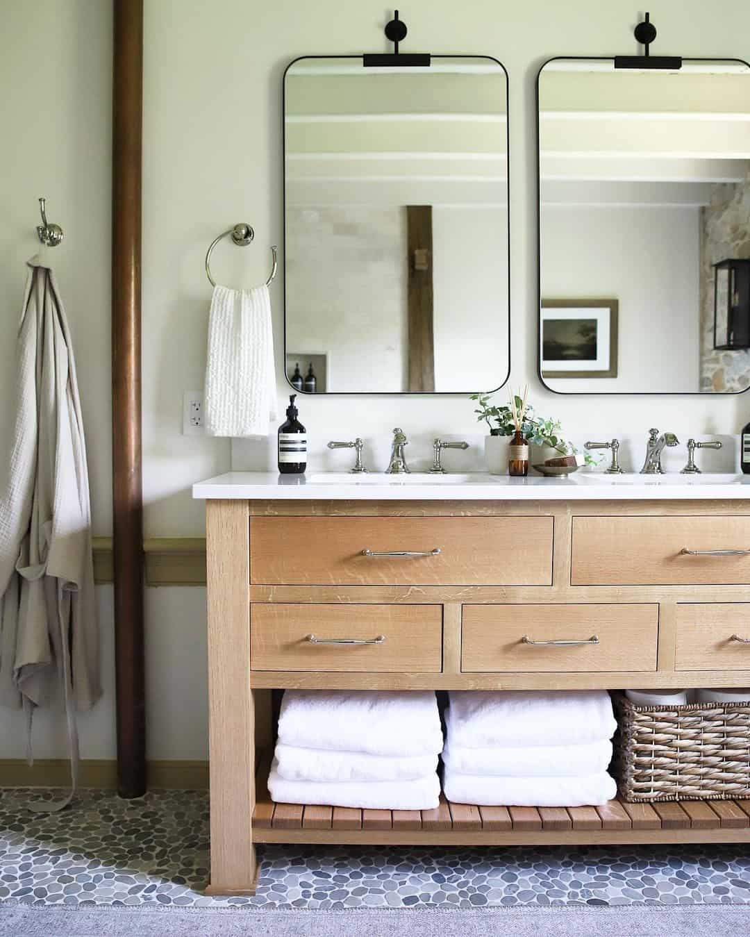 Light Wood Vanity with Open Shelving for Towels