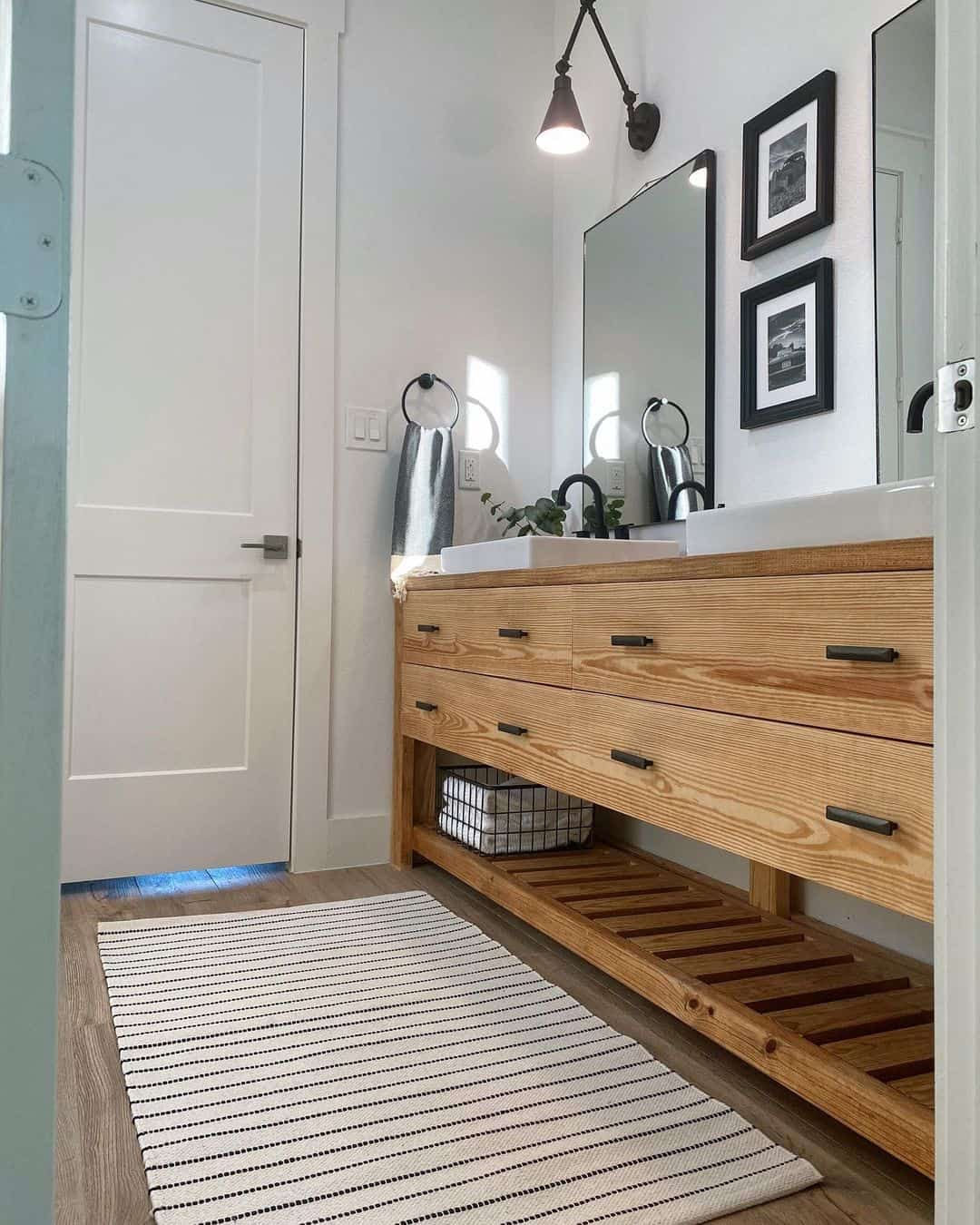 Slatted Wood Shelf Under Vanity Offers Open Storage