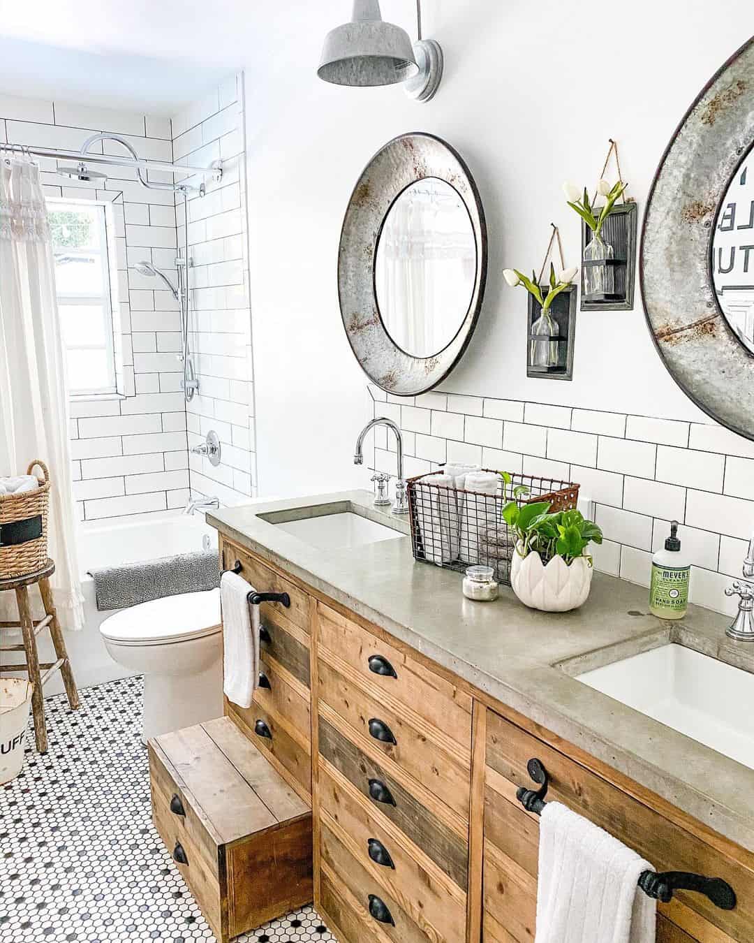 Wood Vanity with Staggered Drawer Fronts and Black Hardware