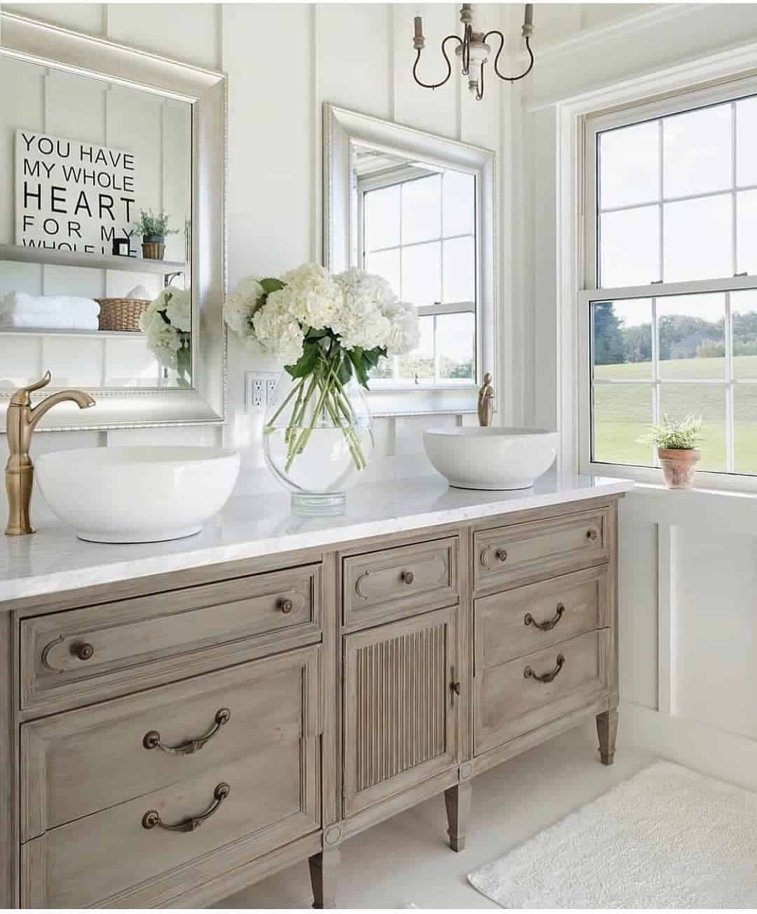 Distressed Taupe Vanity with Ornate Drawer Pulls