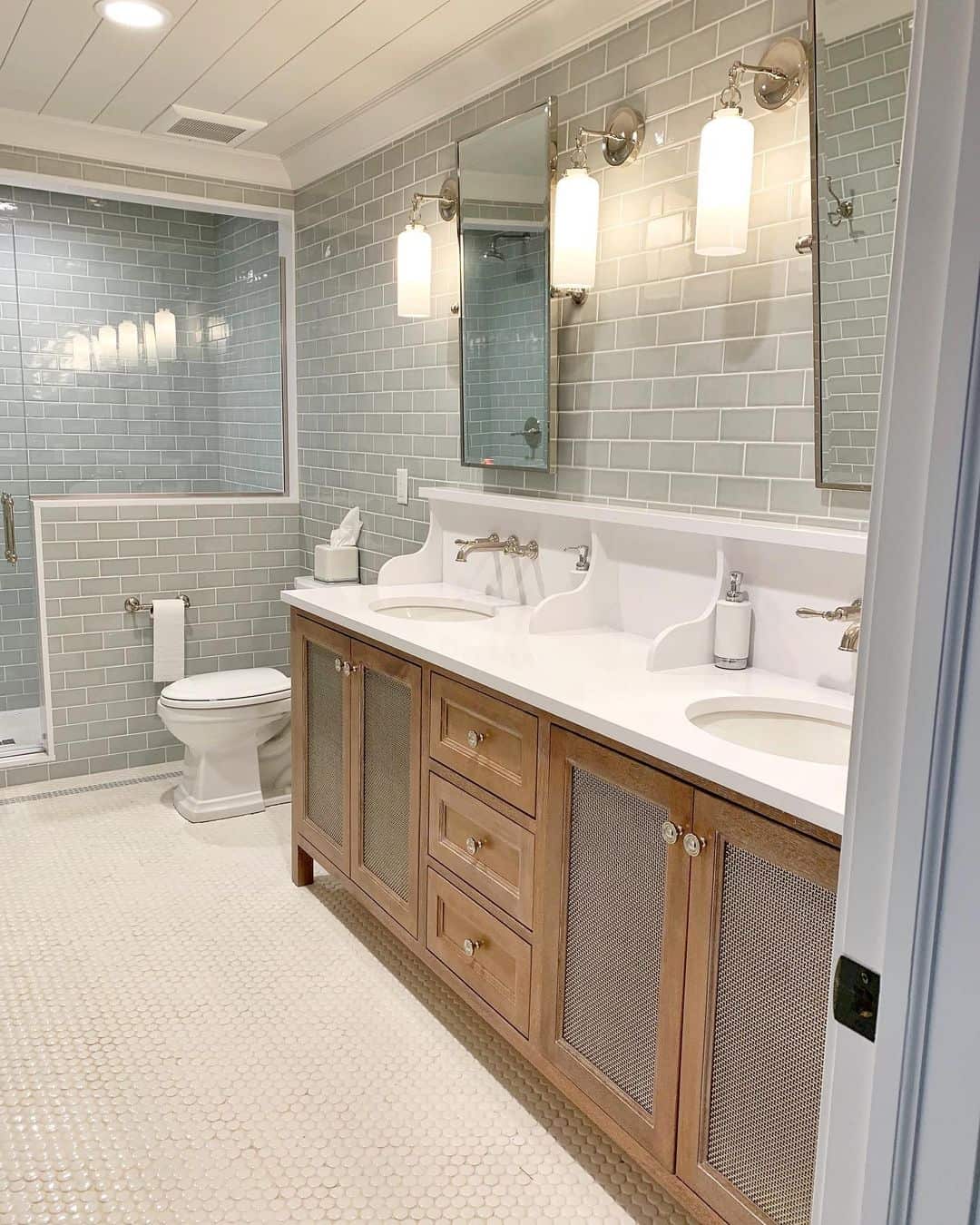 Wood Vanity with Mesh Cabinet Fronts and Crystal Knobs