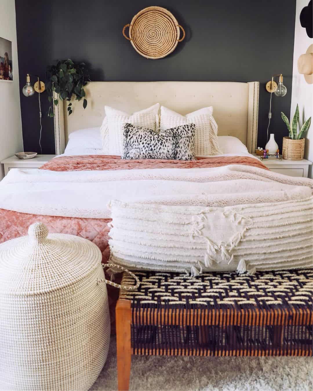 Round Woven Tray with Handles Hangs Above Bed