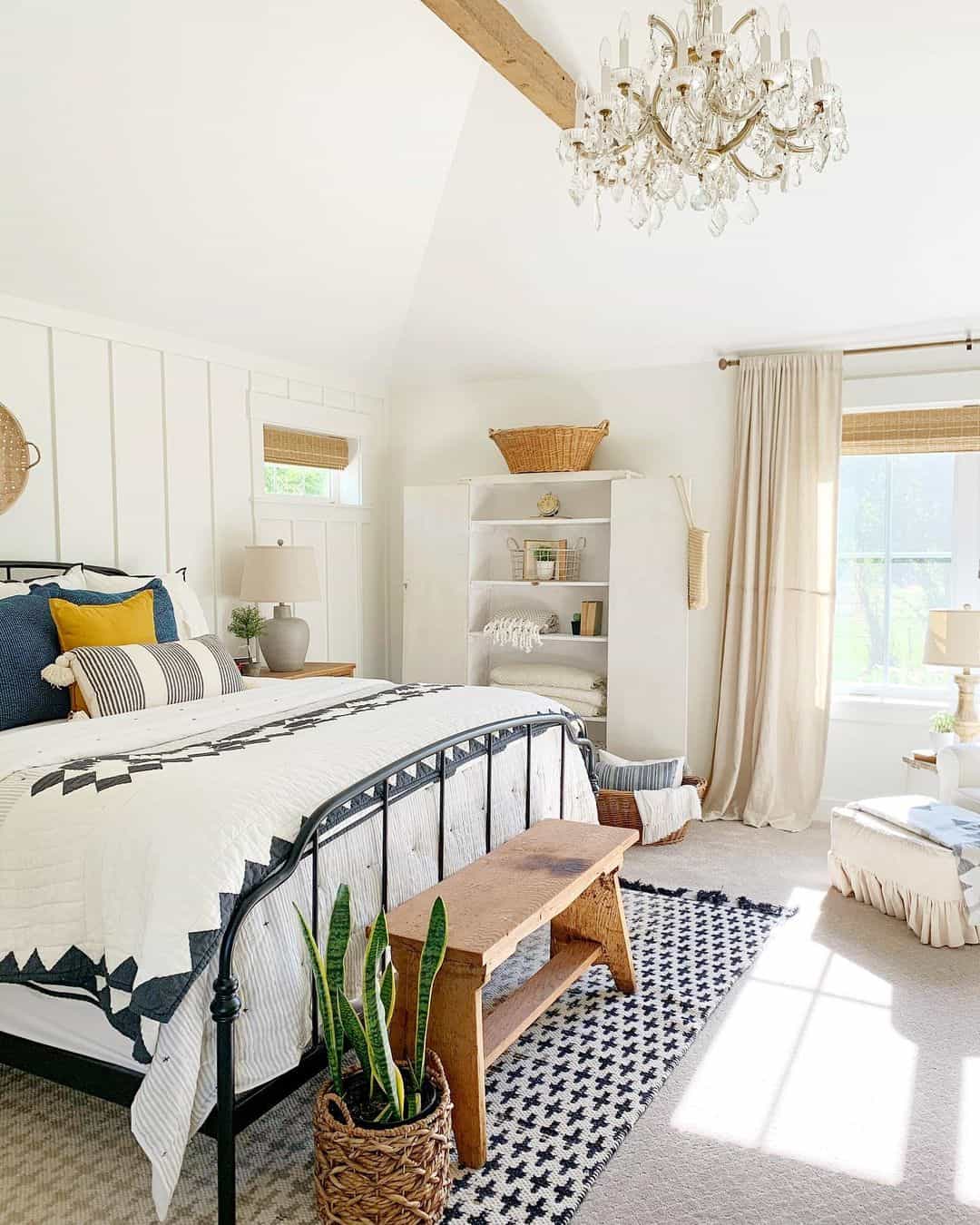 Place a Rustic Wooden Bench Beside the Bed