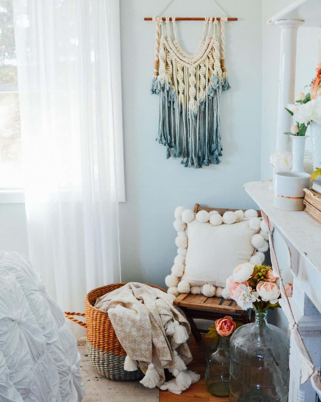 Textured macrame wall hanging with ombre tassels adds free-spirited charm