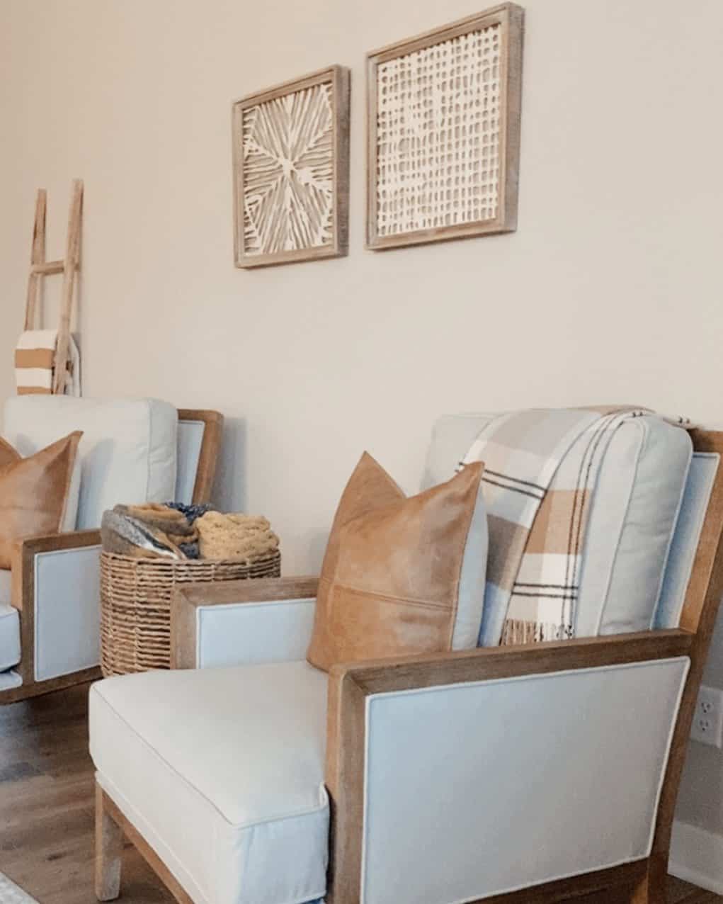 Two woven wood-framed art pieces add natural texture