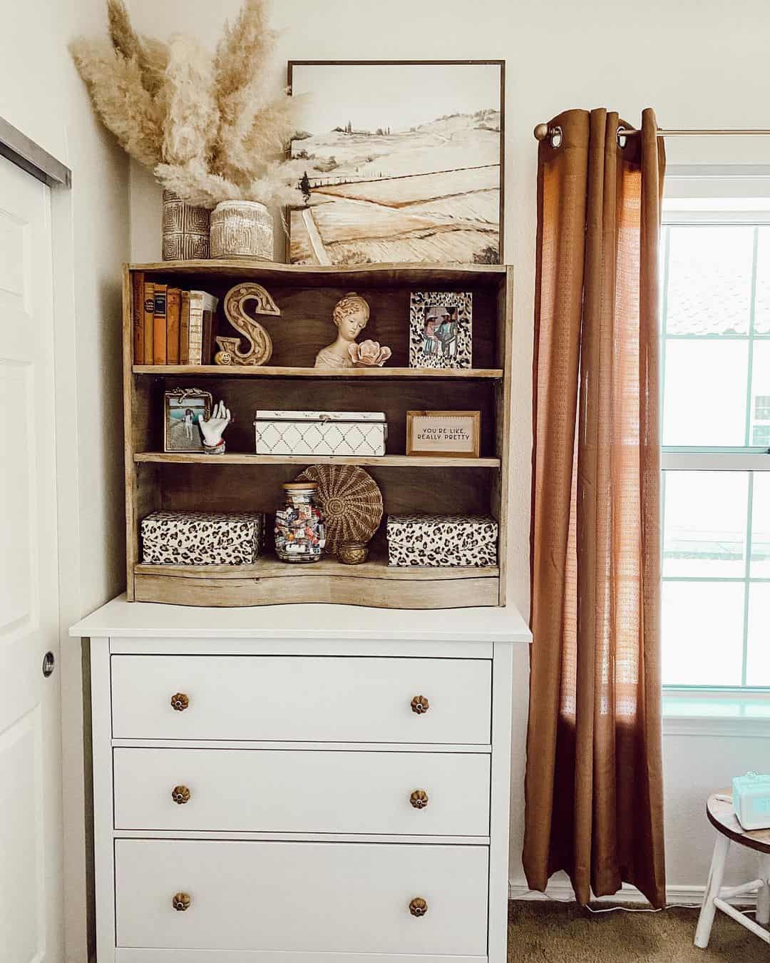 Layered leopard print boxes add patterned storage to open shelves
