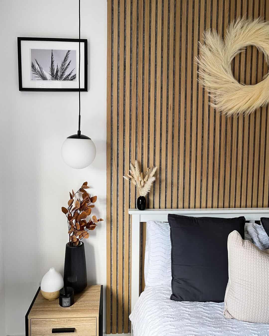 Wooden slat wall adds natural texture and warmth