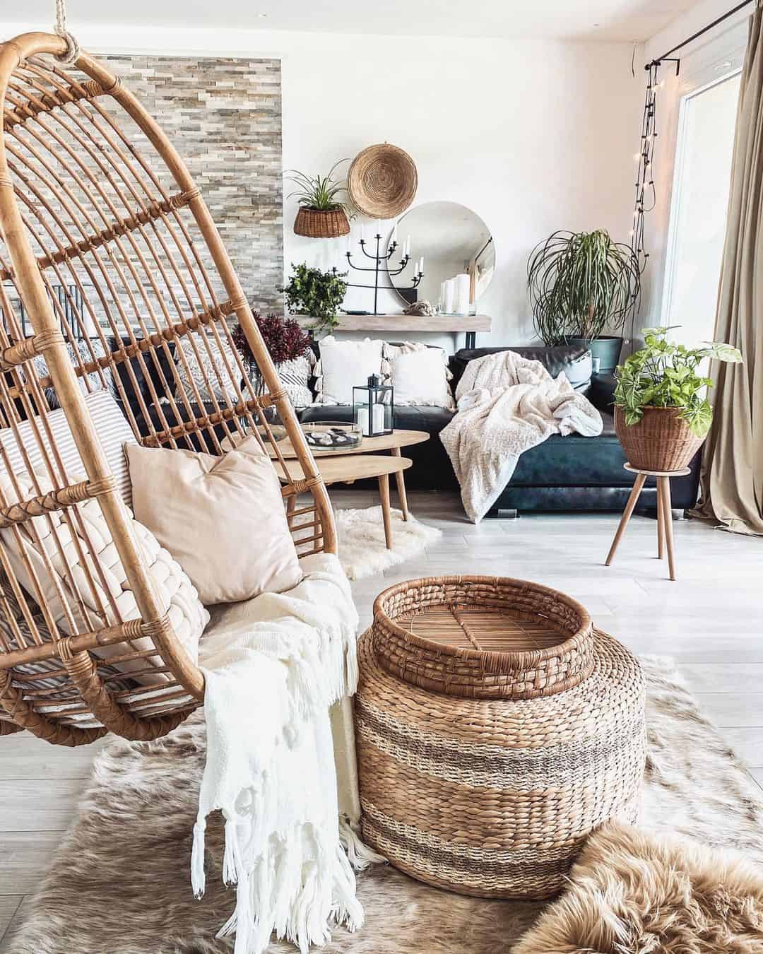 Layer a woven ottoman and tray for an earthy accent