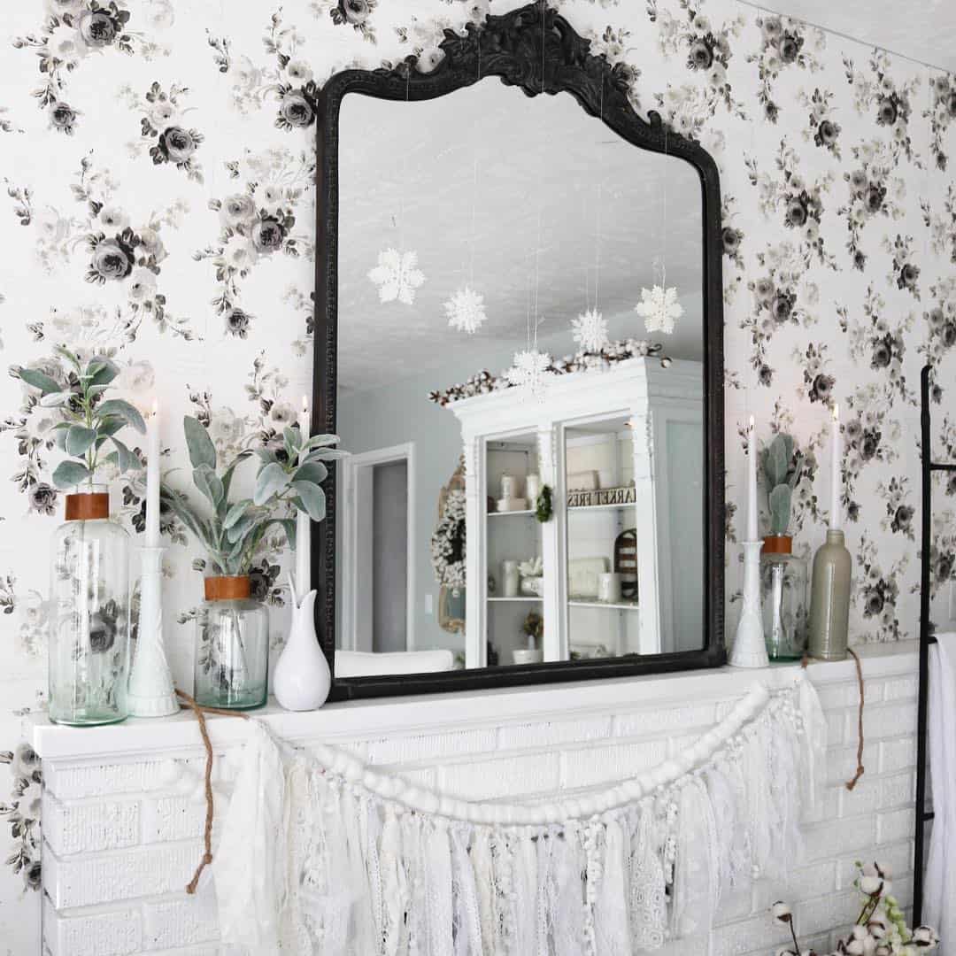 Floral Wallpaper and Ornate Mirror Create a Romantic Focal Point