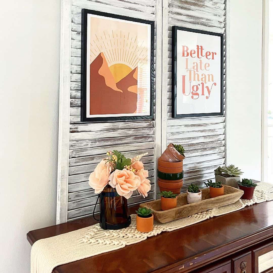 Distressed Shutters Frame Boho Art and Succulent Displays
