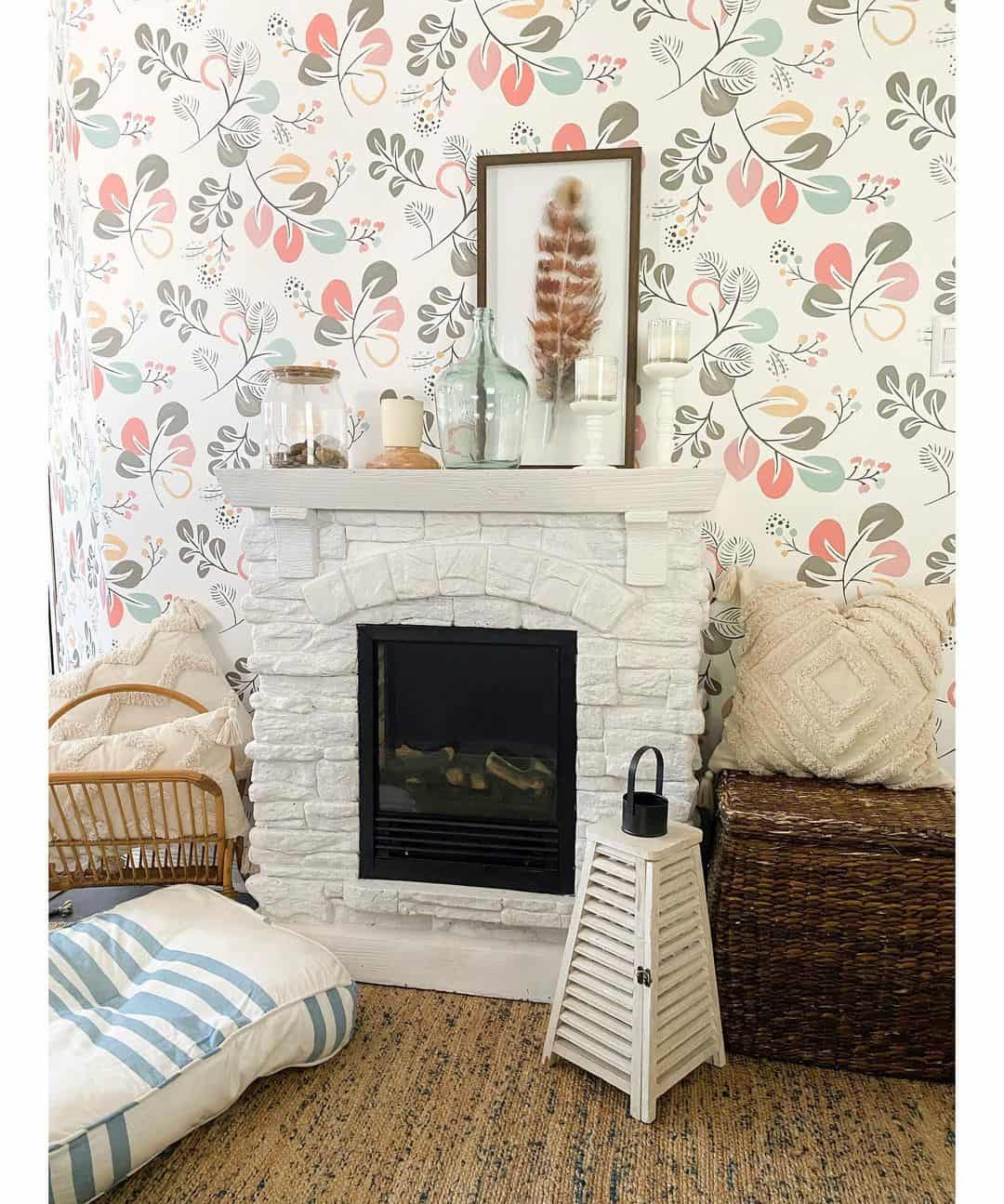 Framed Feather Art Adds Natural Boho Texture Above Fireplace