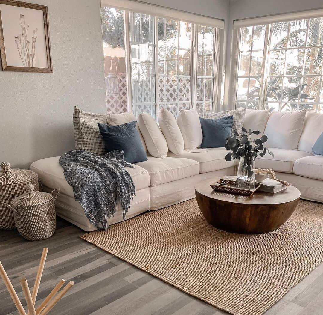 Woven Storage Baskets Add Rustic Texture Beside Sectional