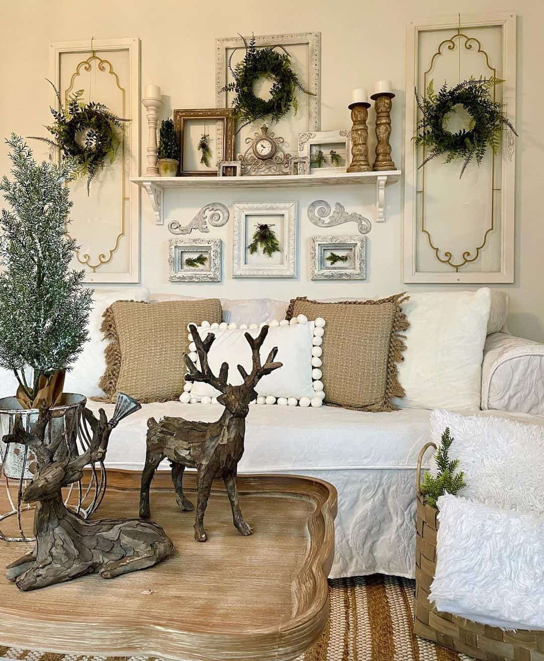 Layered Gallery Wall of Botanical Prints and Wreaths