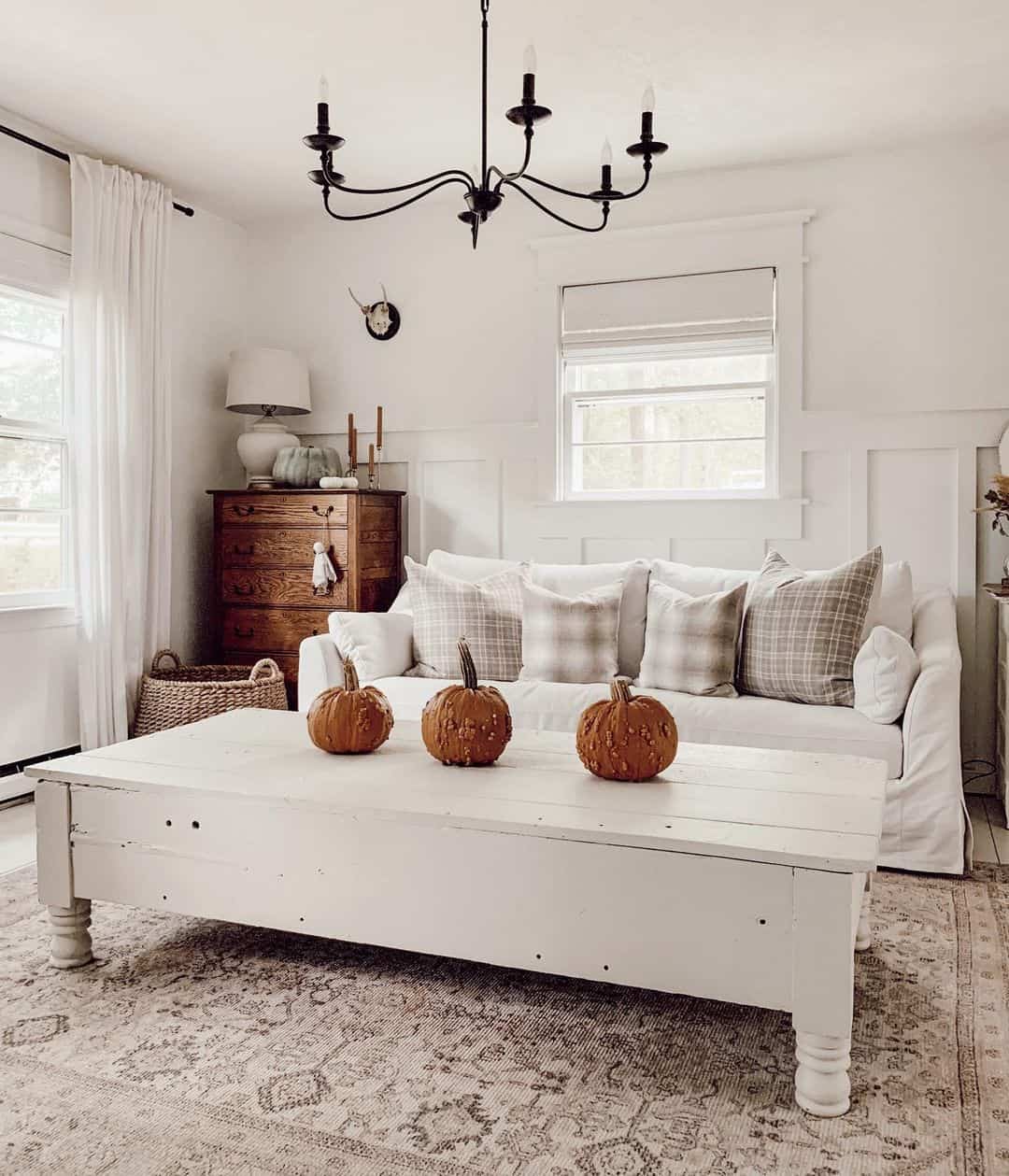 Farmhouse Coffee Table with Seasonal Pumpkin Display