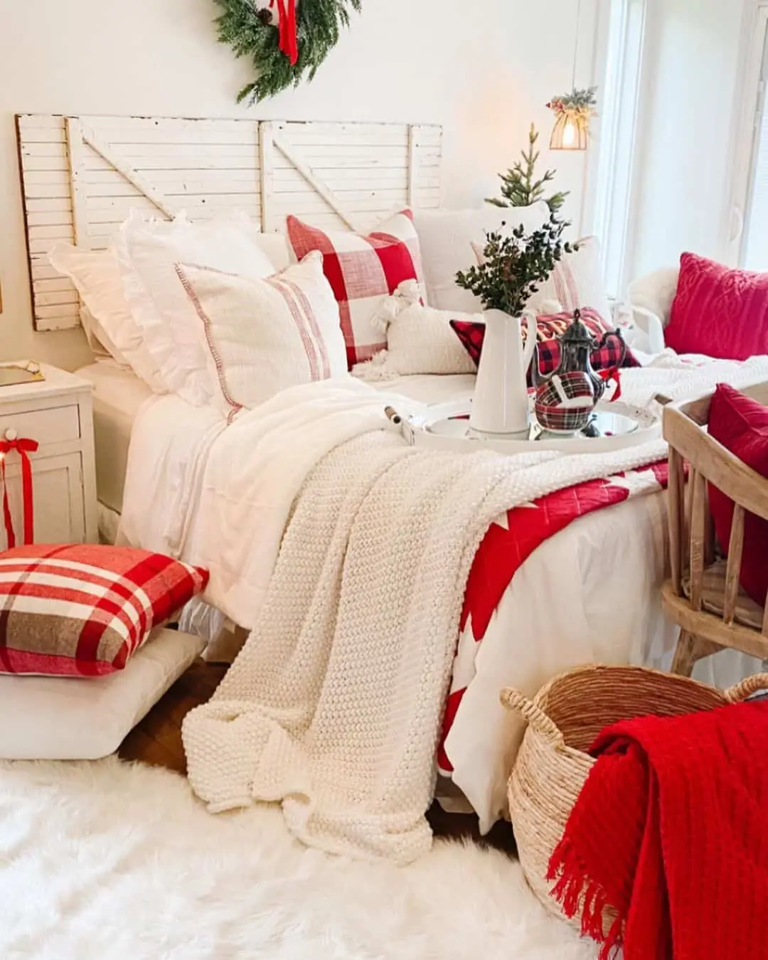Anchor Your Cozy Red and White Bedroom with a Barn Door Headboard