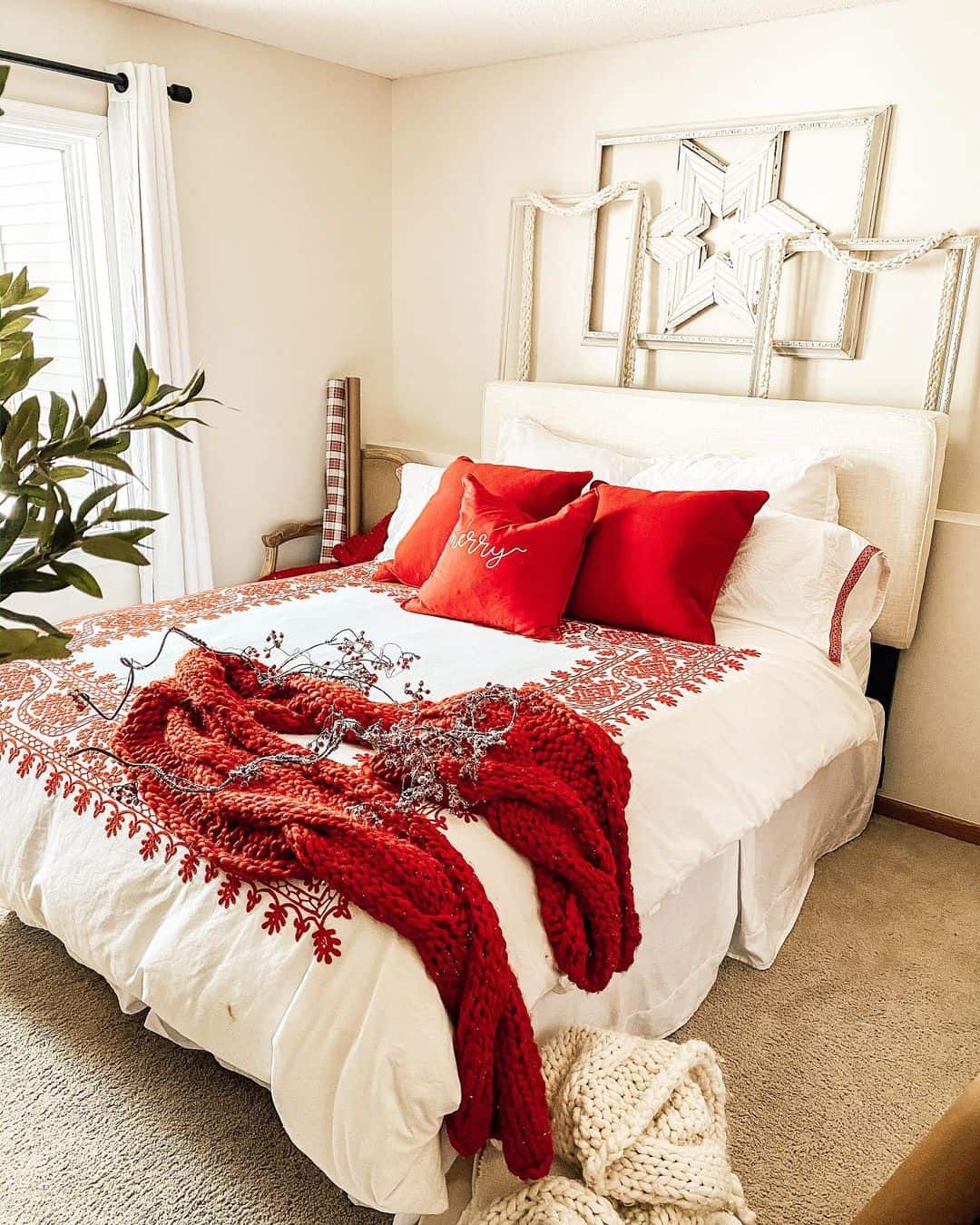 Drape a Chunky Red Knit Throw with Twinkling Lights