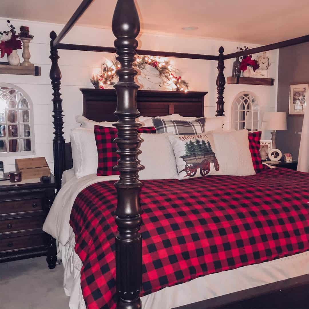 Anchor a Four-Poster Bed with a Bold Red Buffalo Plaid Comforter