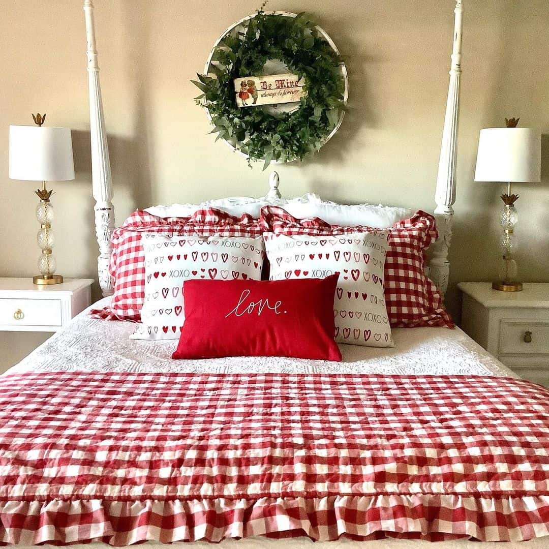 Red Gingham Bed Runner With Ruffled Edge