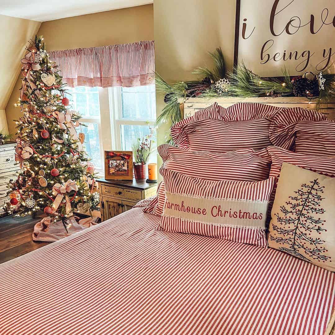 Festive Red Stripes and a Ruffled Headboard for Seasonal Charm