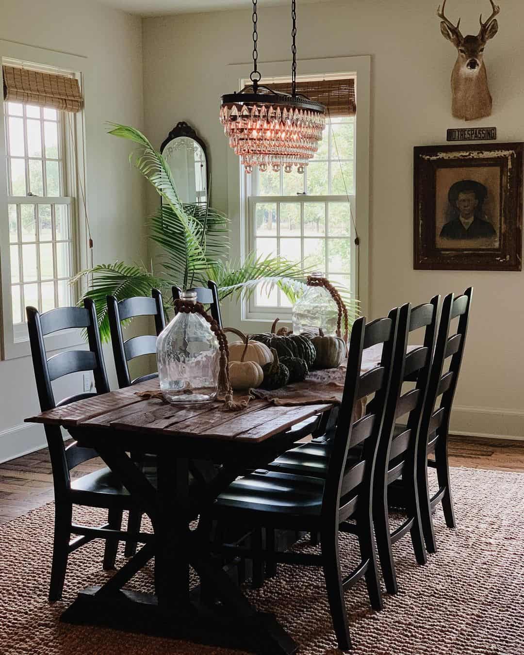 Rustic Table with Gourds and Glass Vase Centerpiece