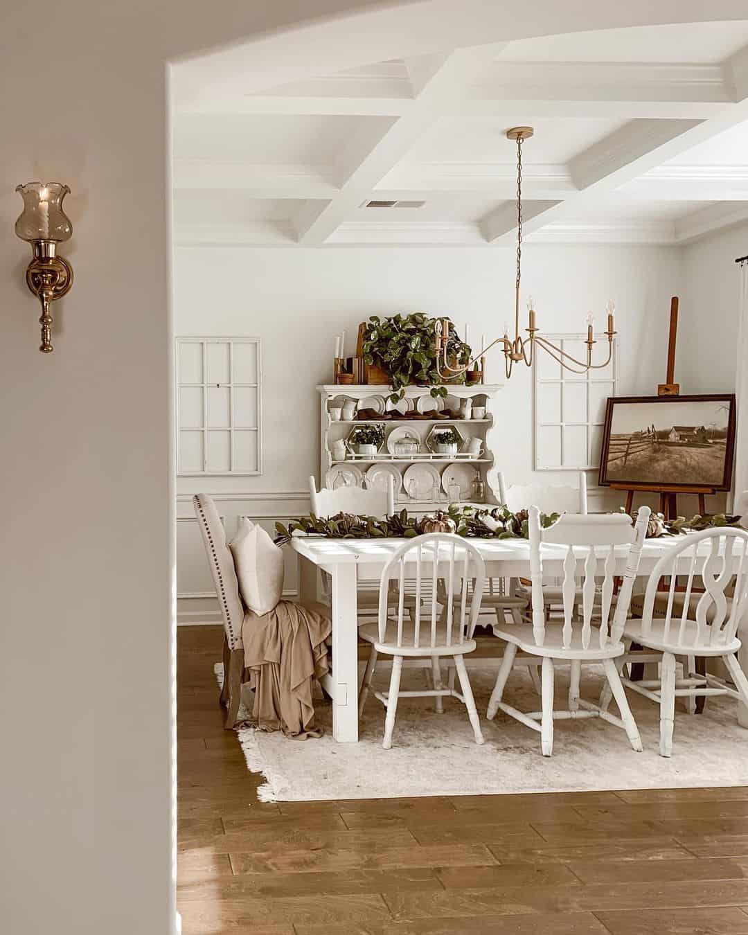 White Spindle Chairs to Frame a Rustic Table