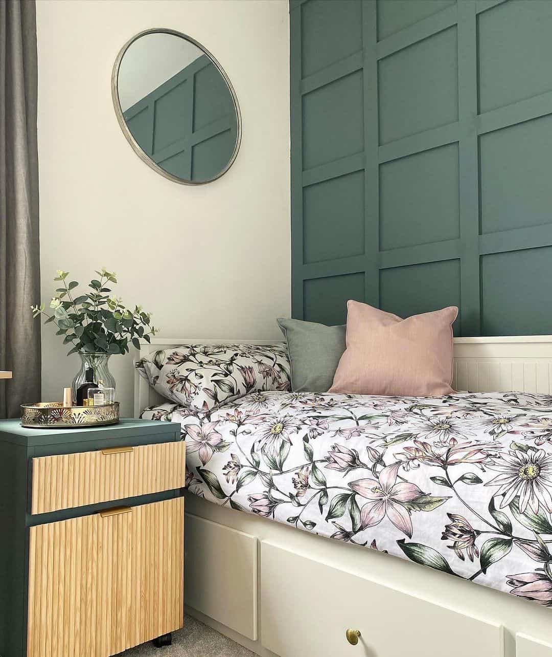 Paneled Wall in Deep Teal Creates a Geometric Focal Point