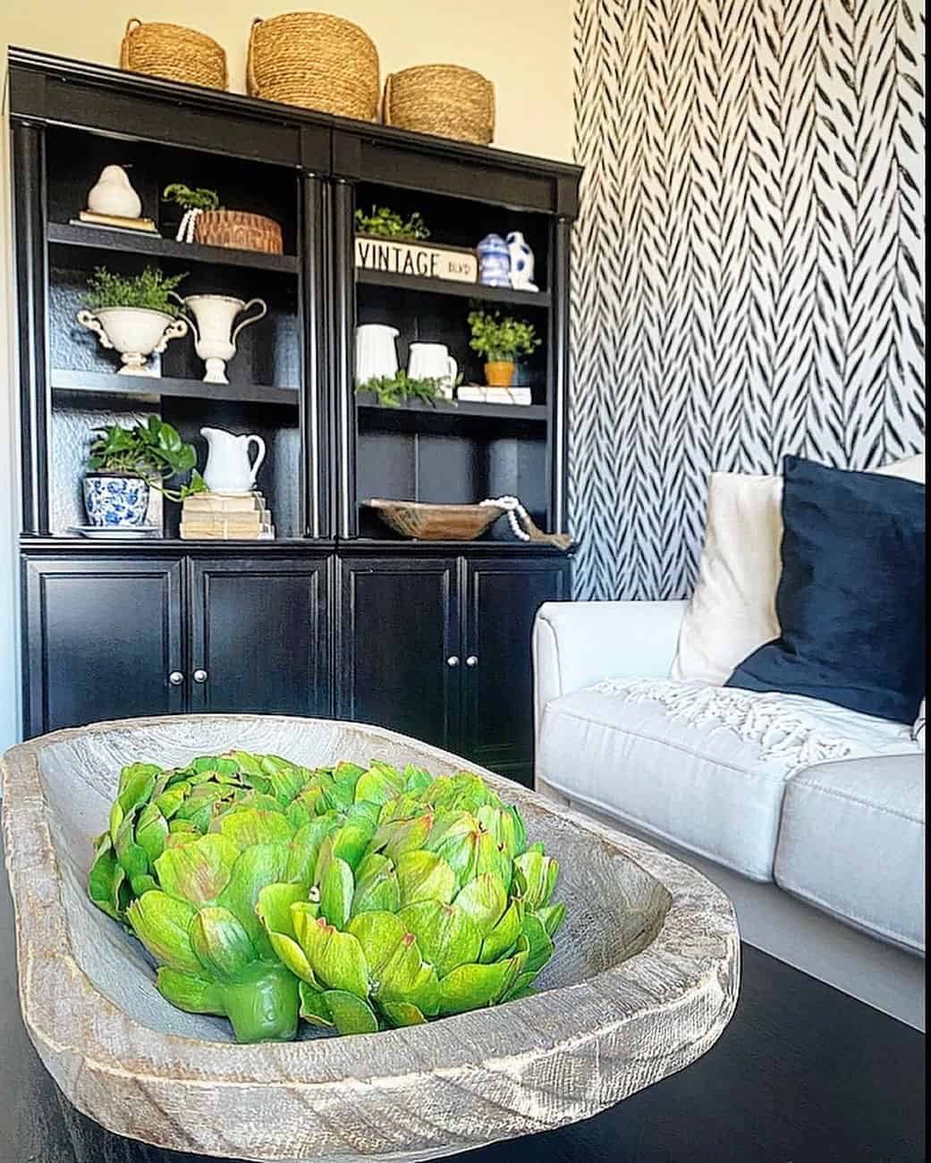 Frame Bold Leafy Wallpaper with Black Built-In Shelving