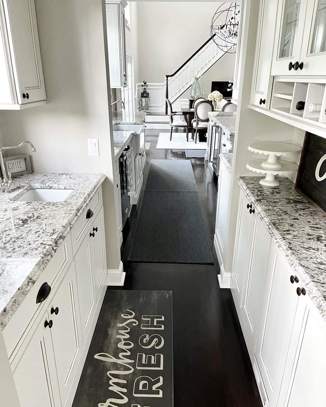 Combine White Cabinets with Open Shelves for Wine and Cake Stands