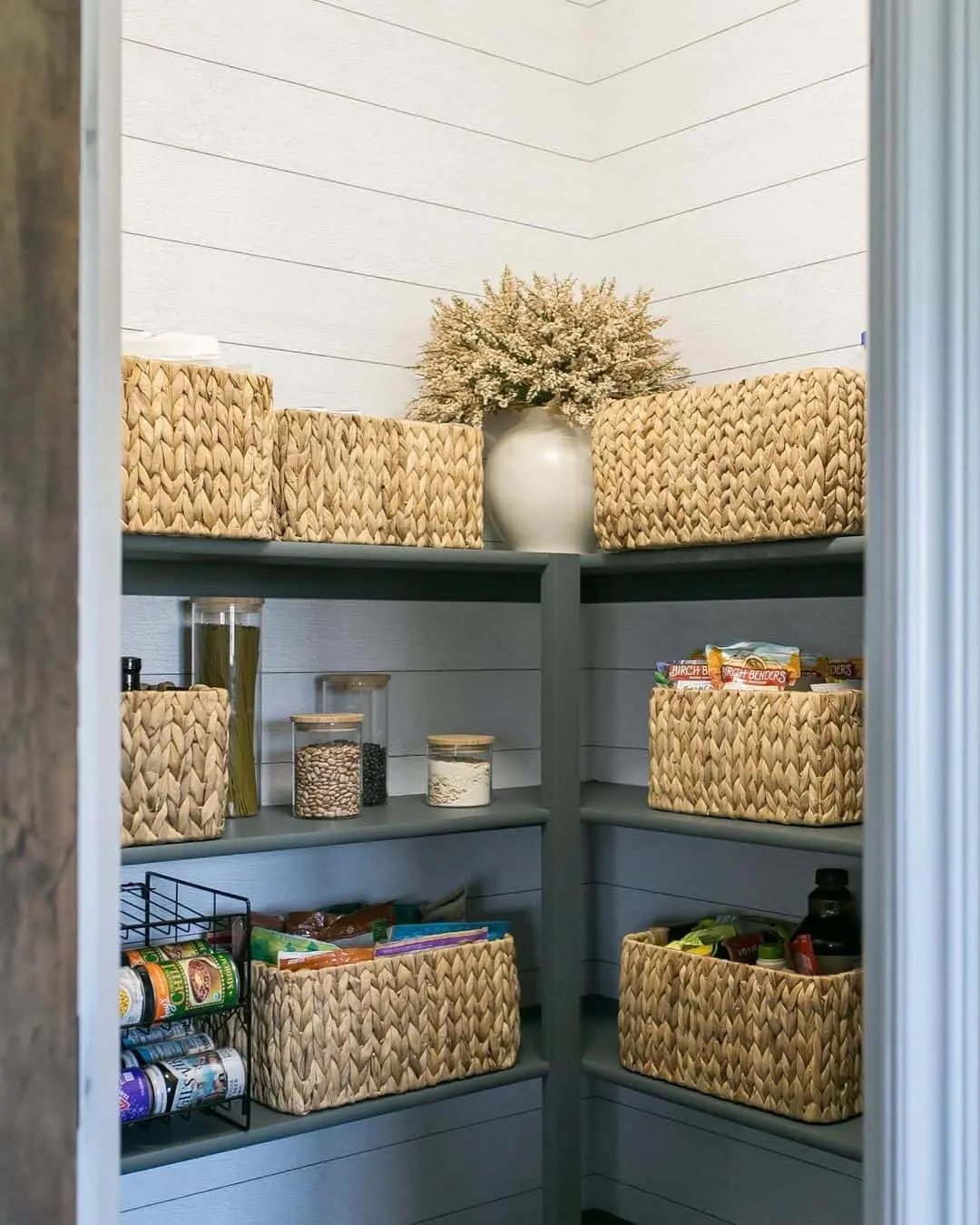 Contrast Dark Shelves with Woven Baskets