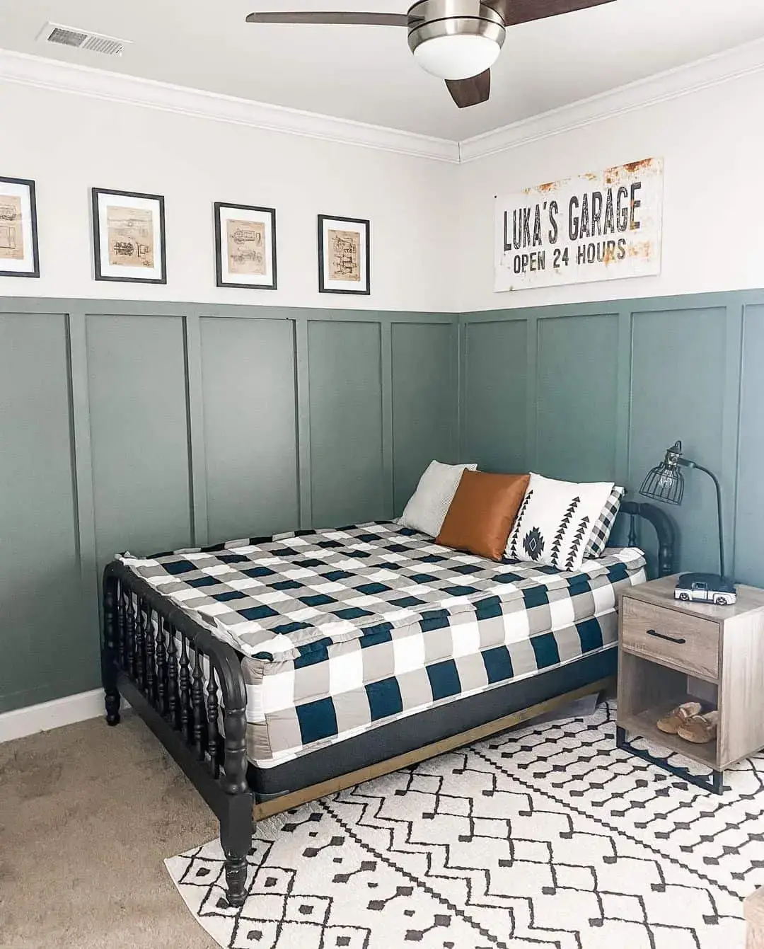 Green Board and Batten Walls Frame a Vintage Garage Sign