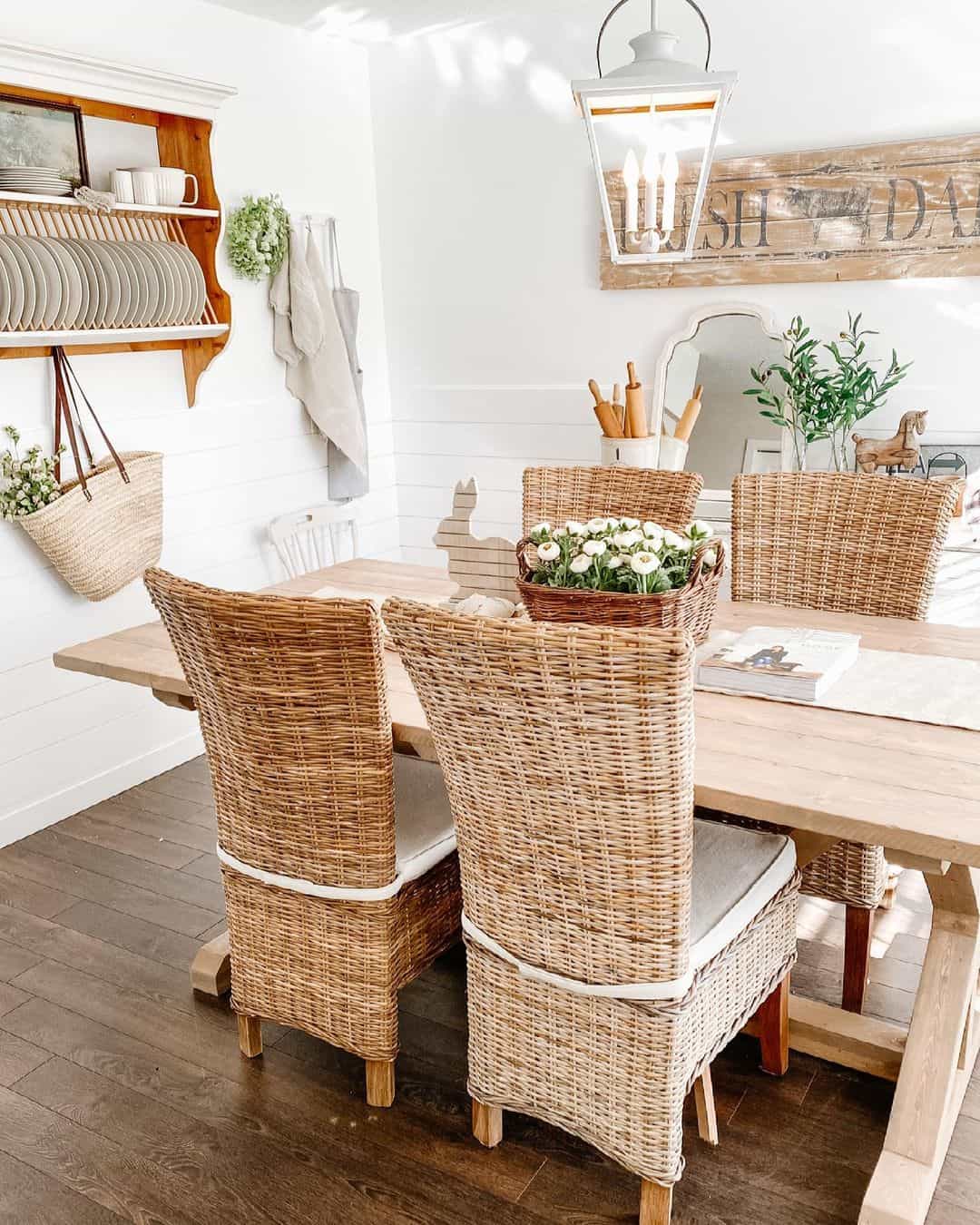 Contrast Textures with Woven Rattan Chairs and a Light Wood Table