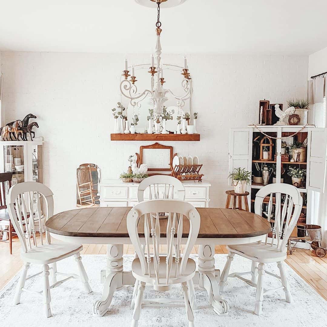 Pair White Spindle-Back Chairs with a Distressed Table